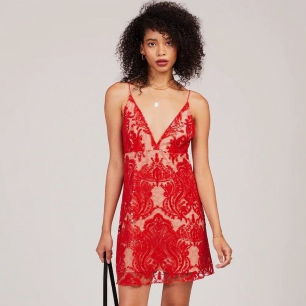 New Free People Night Shimmers Nude Red Lace Sequins Mini Dress Women’s 6